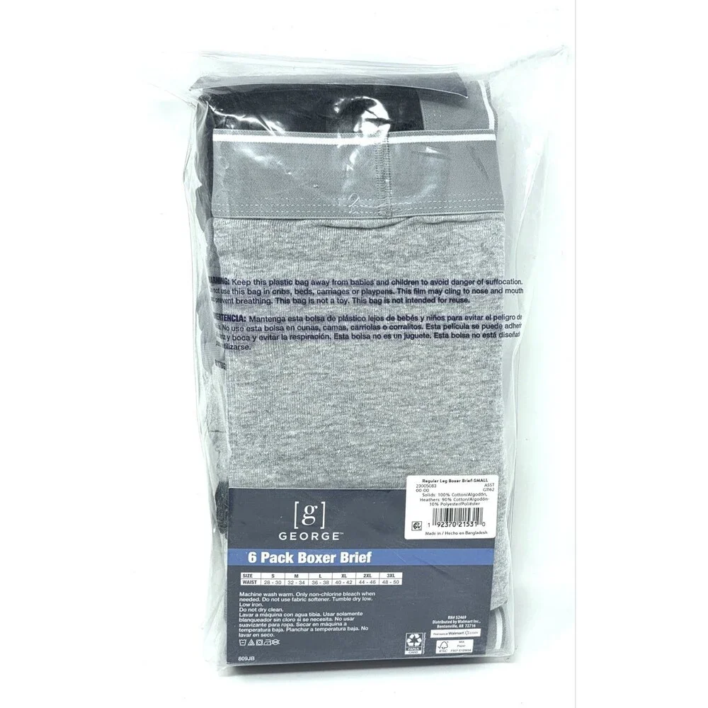 George 6-pk Men's S Cotton Regular Leg Boxer Briefs Black Gray Tagless Wicking